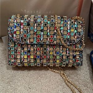 Colorful Rhinestone Crystal Clutch Gold Chain Evening Party Bag